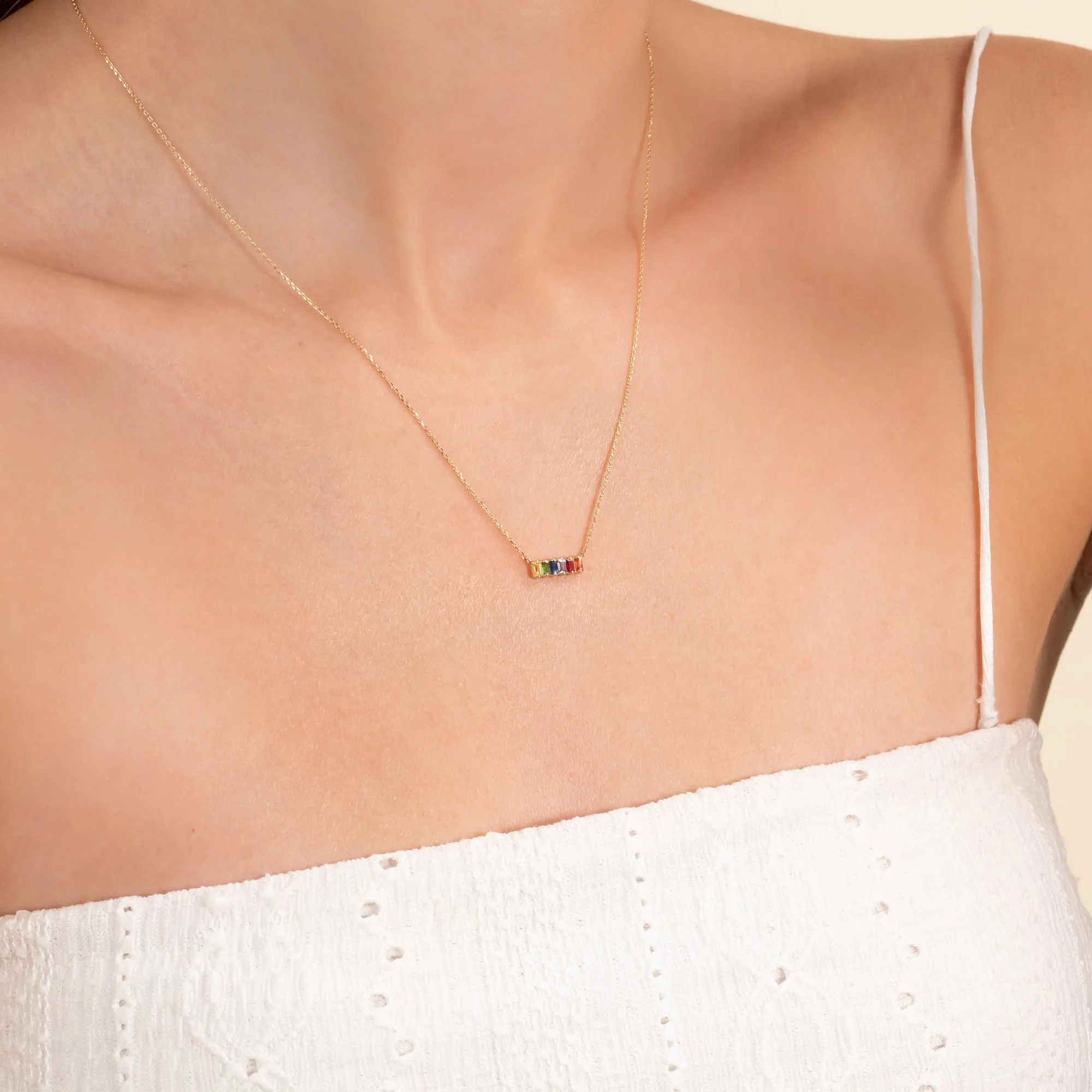 Rainbow Sapphire Bar Necklace, Kira SARAHELISE