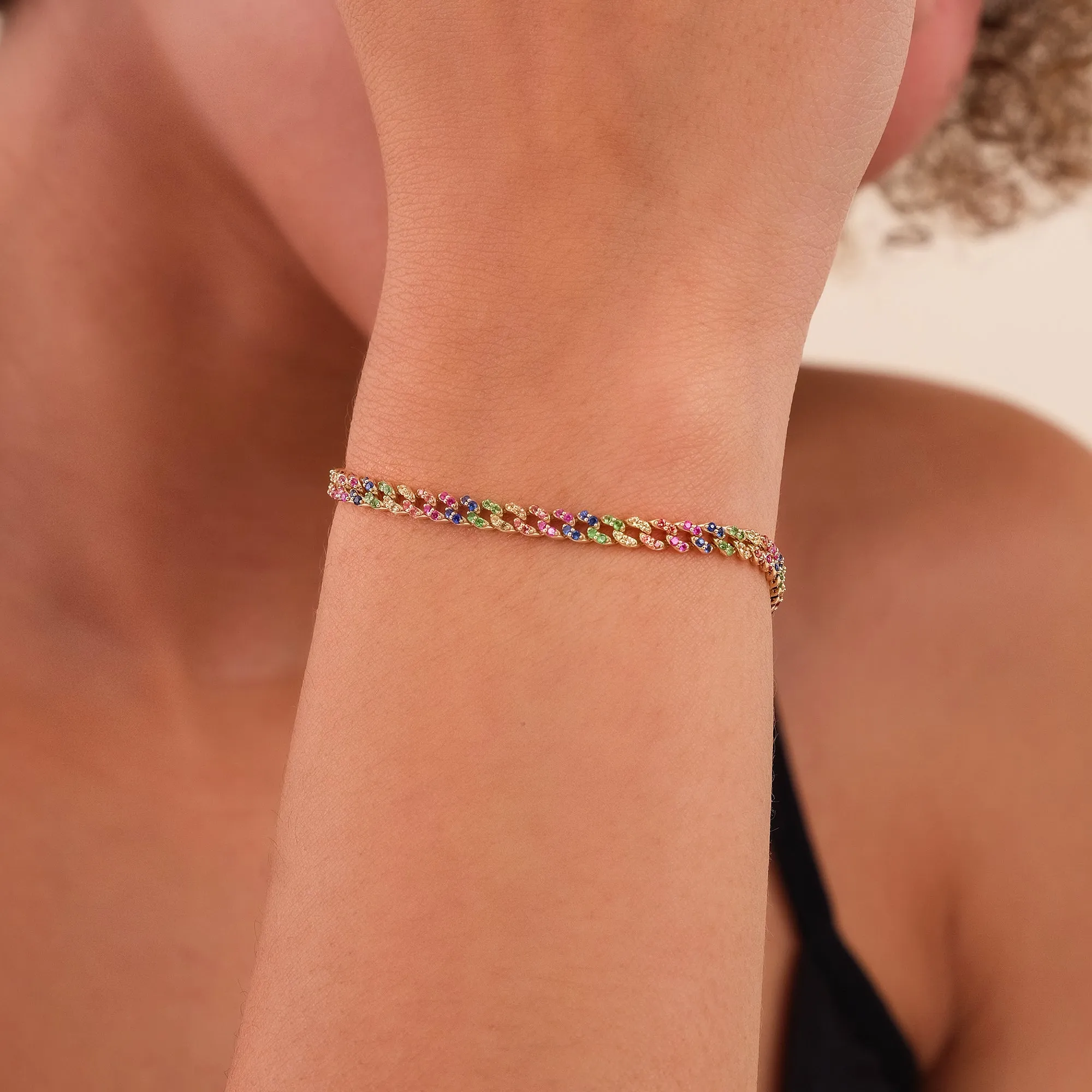 Rainbow Sapphire Cuban Chain Bracelet - 3 mm, Sonya SARAHELISE