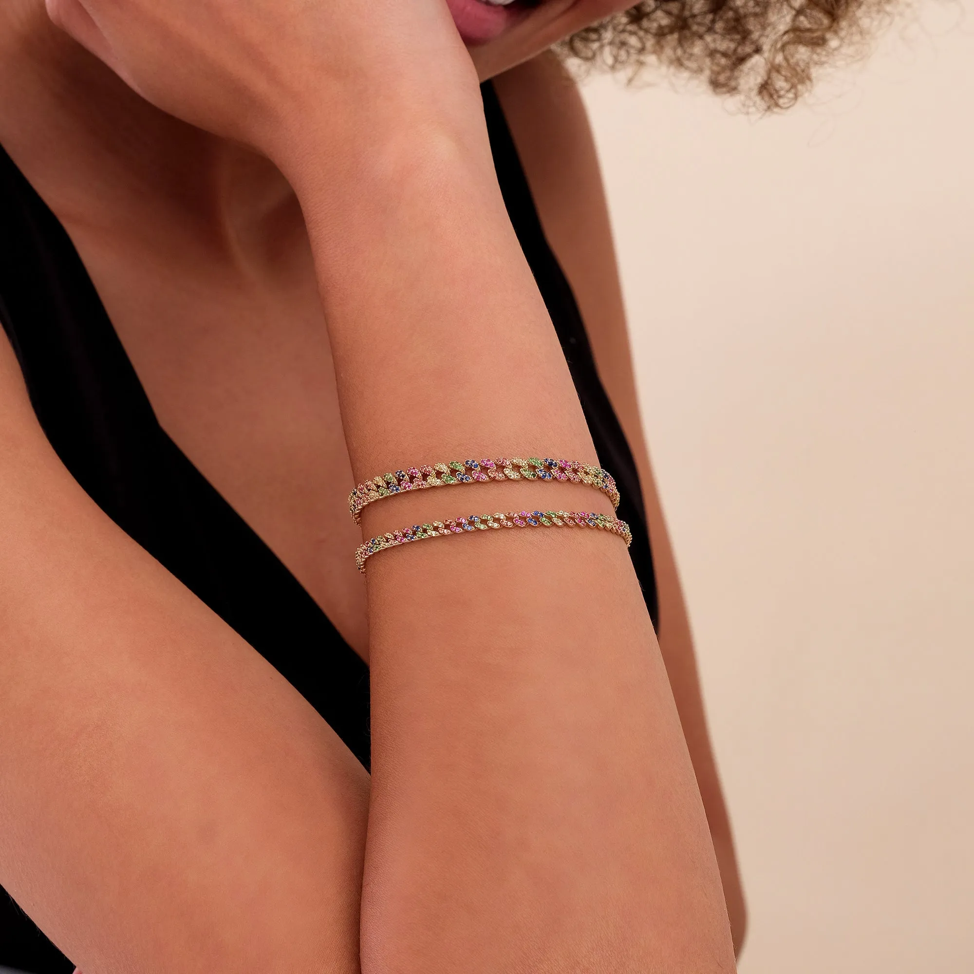 Rainbow Sapphire Cuban Chain Bracelet - 3 mm, Sonya SARAHELISE