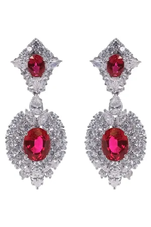 Red CZ Oval Cluster Drop Earrings
