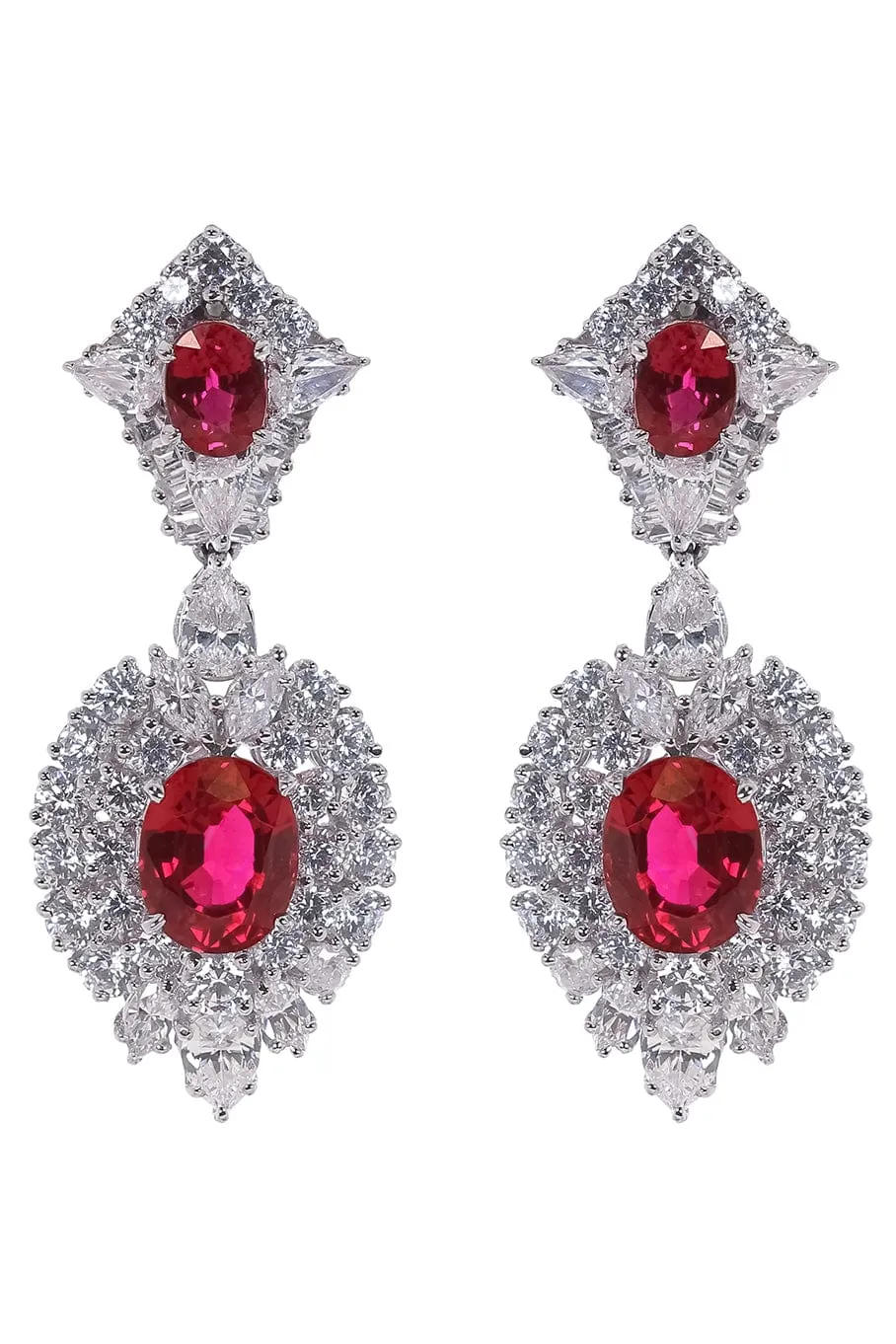 Red CZ Oval Cluster Drop Earrings