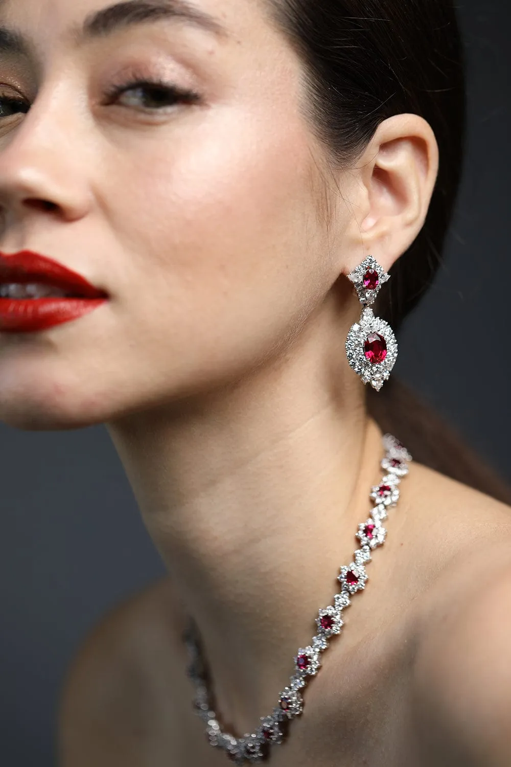 Red CZ Oval Cluster Drop Earrings