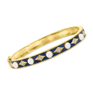Ross-Simons 4.5-5mm Cultured Pearl Bangle Bracelet With Diamond Accents and Blue Enamel in 18kt Gold Over Sterling
