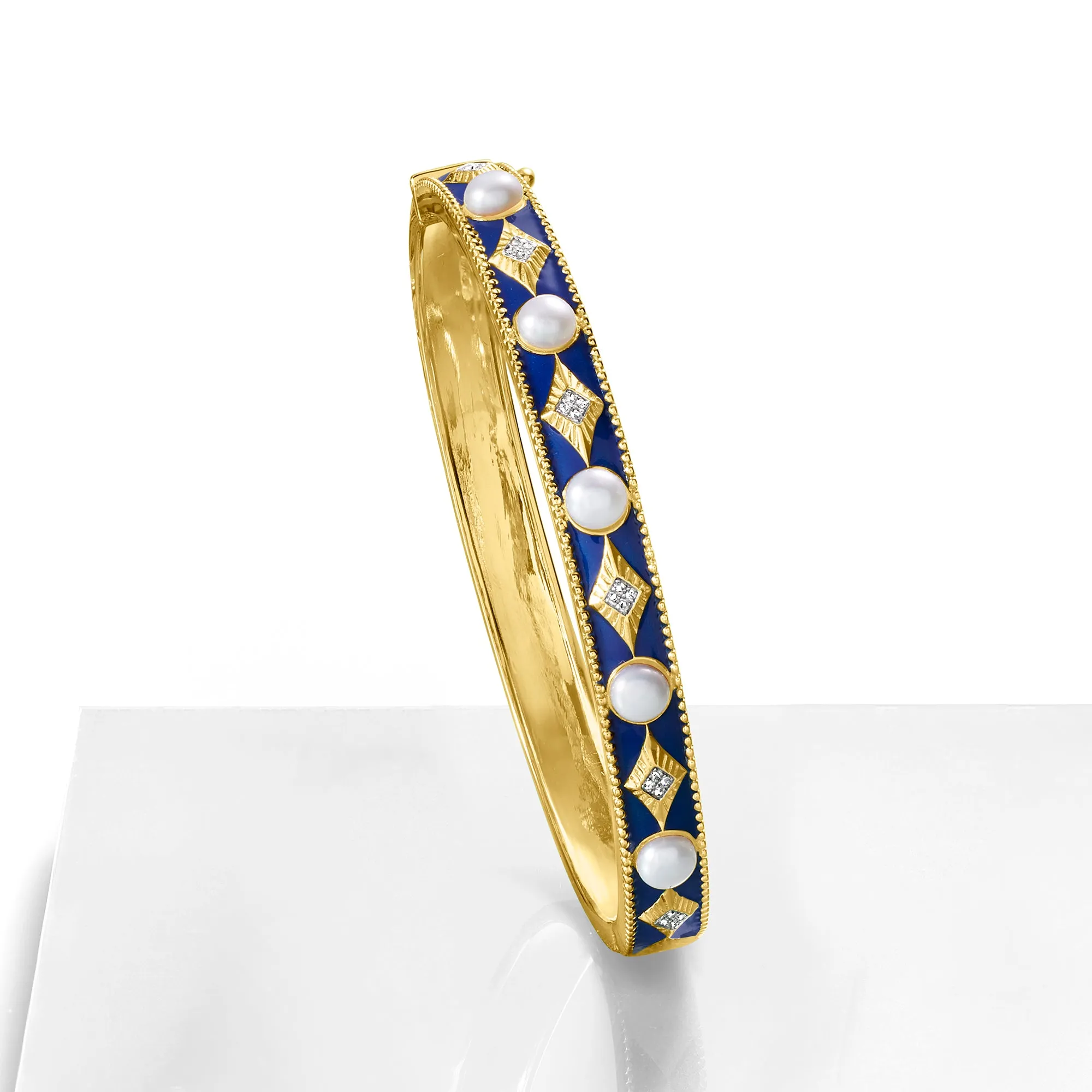 Ross-Simons 4.5-5mm Cultured Pearl Bangle Bracelet With Diamond Accents and Blue Enamel in 18kt Gold Over Sterling