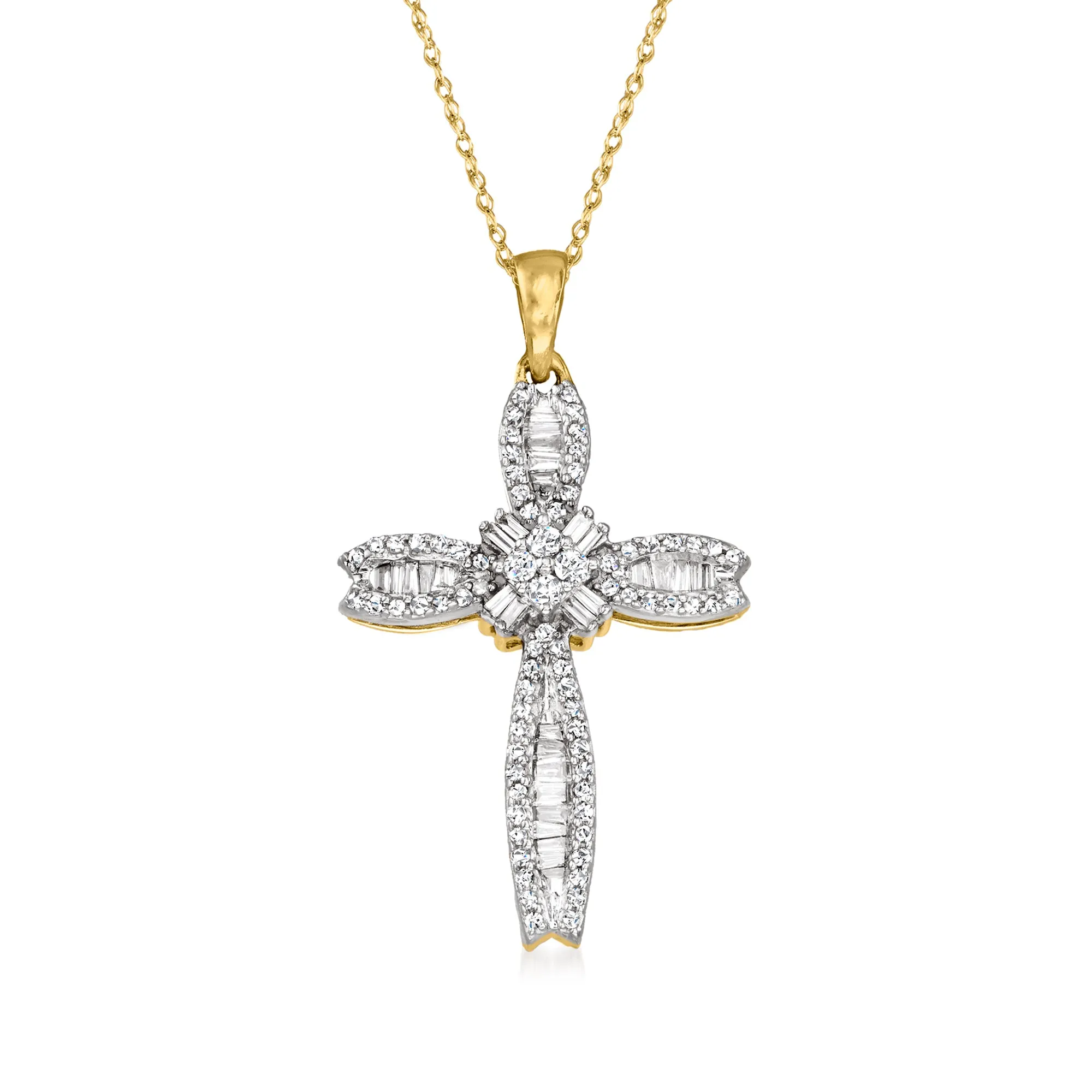 Ross-Simons Baguette and Round Diamond Cross Pendant Necklace in 14kt Yellow Gold