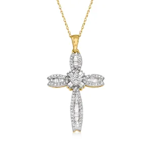 Ross-Simons Baguette and Round Diamond Cross Pendant Necklace in 14kt Yellow Gold