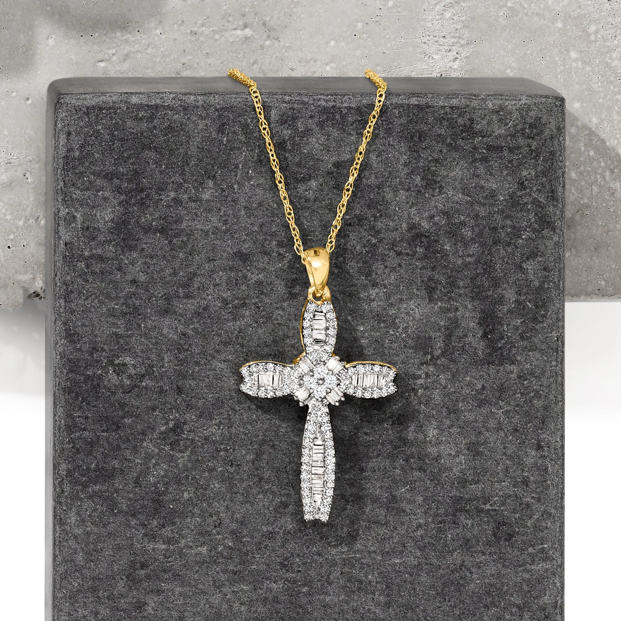 Ross-Simons Baguette and Round Diamond Cross Pendant Necklace in 14kt Yellow Gold