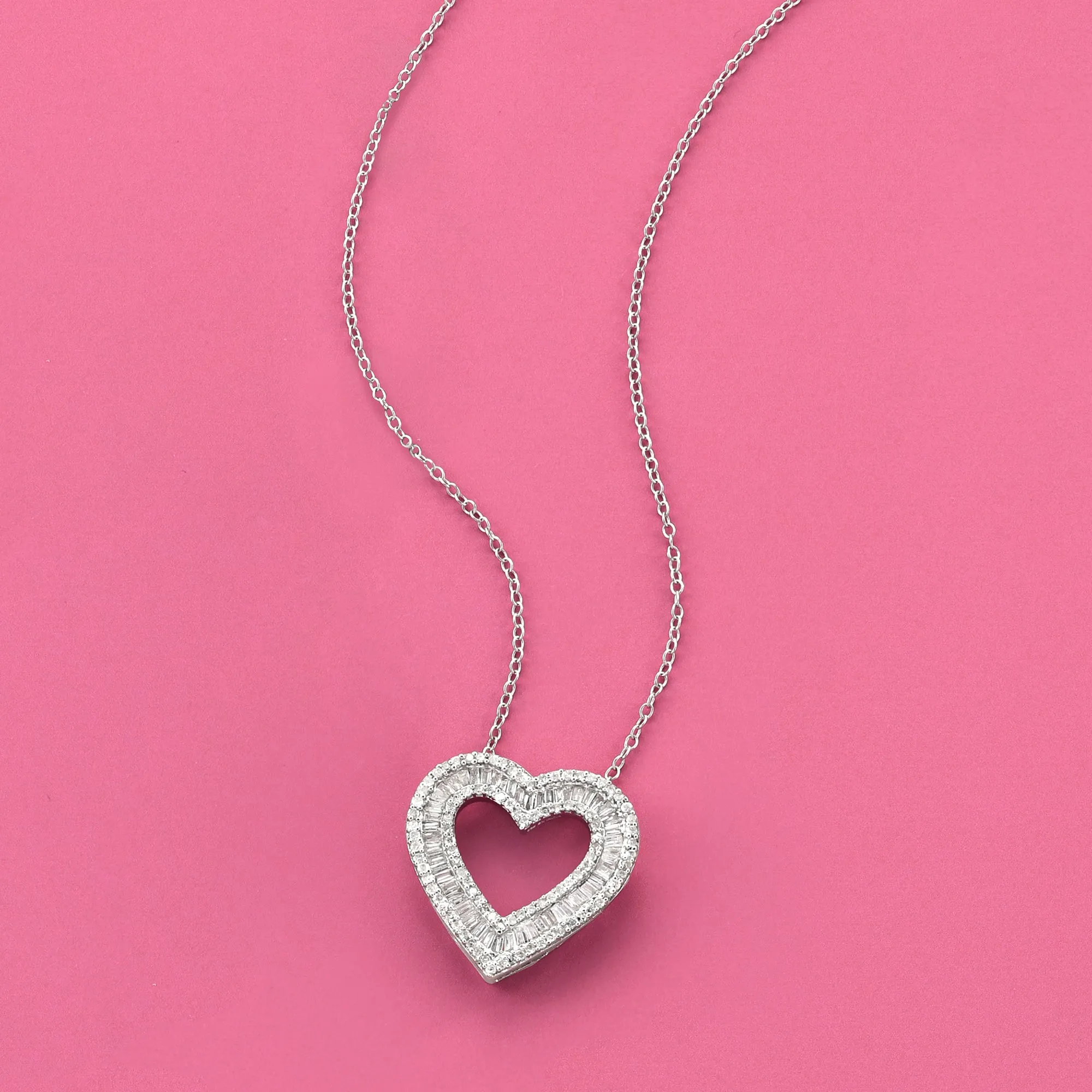 Ross-Simons Baguette and Round Diamond Open-Space Heart Pendant Necklace in Sterling Silver