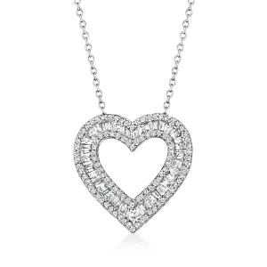Ross-Simons Baguette and Round Diamond Open-Space Heart Pendant Necklace in Sterling Silver