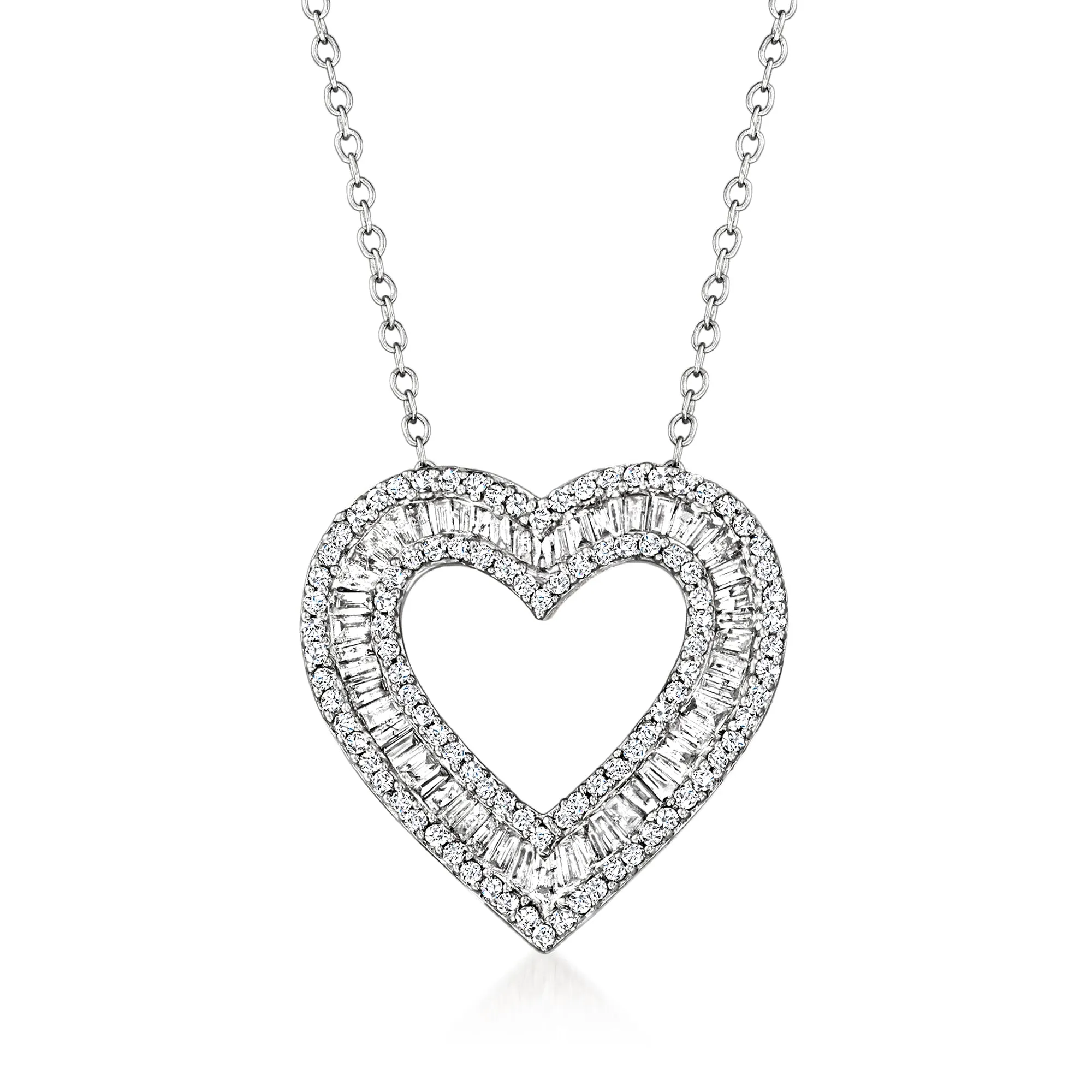 Ross-Simons Baguette and Round Diamond Open-Space Heart Pendant Necklace in Sterling Silver