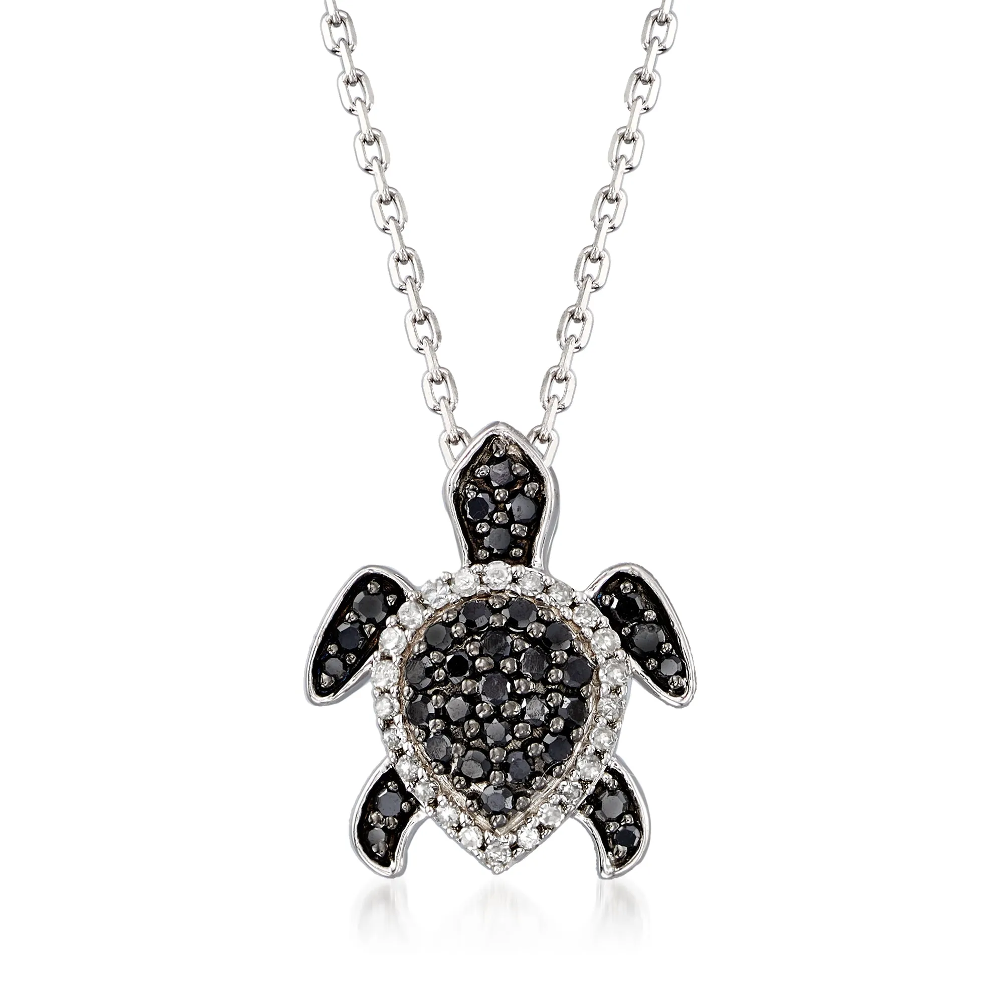 Ross-Simons Black and White Diamond Turtle Pendant Necklace in Sterling Silver