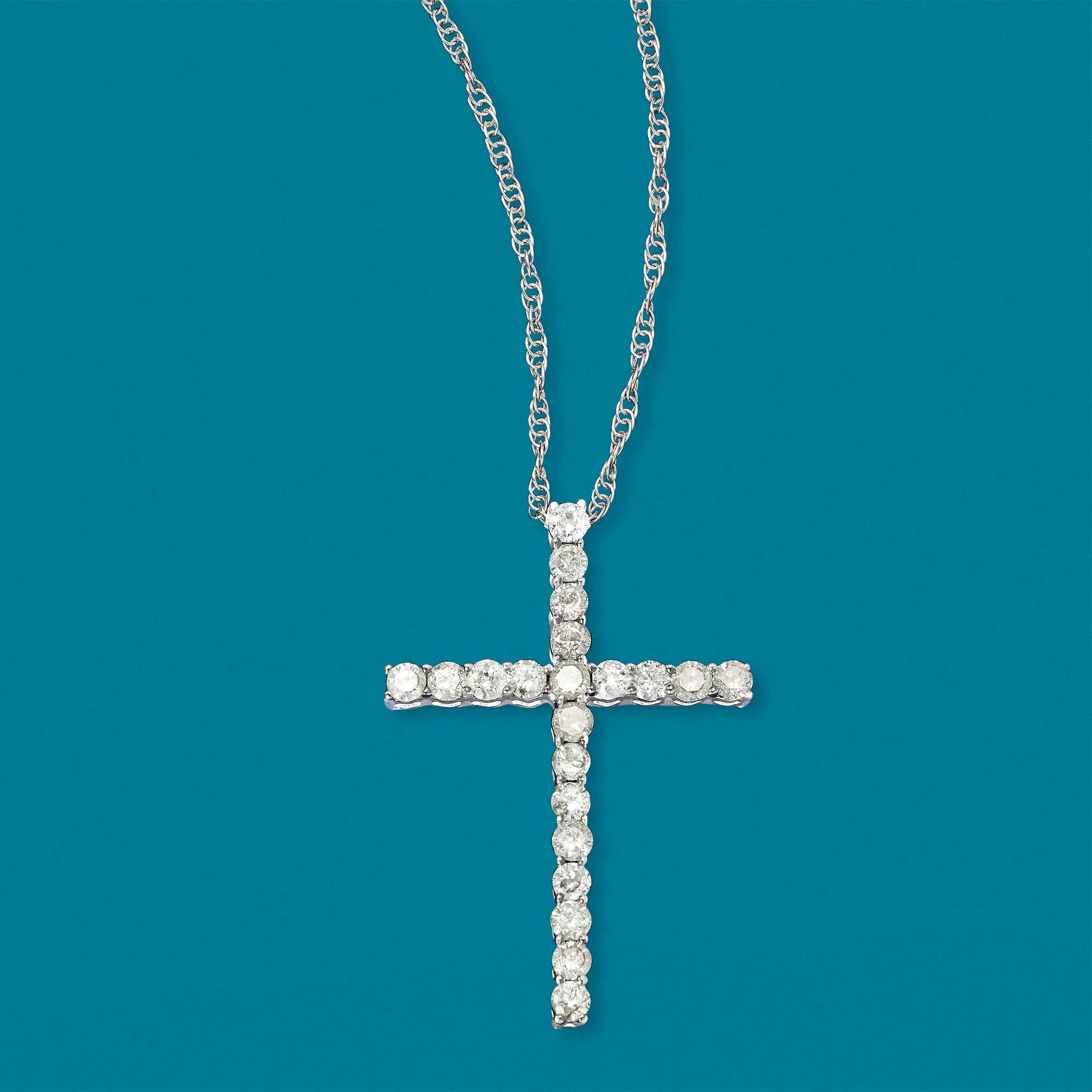 Ross-Simons Diamond Cross Pendant Necklace in 14kt White Gold