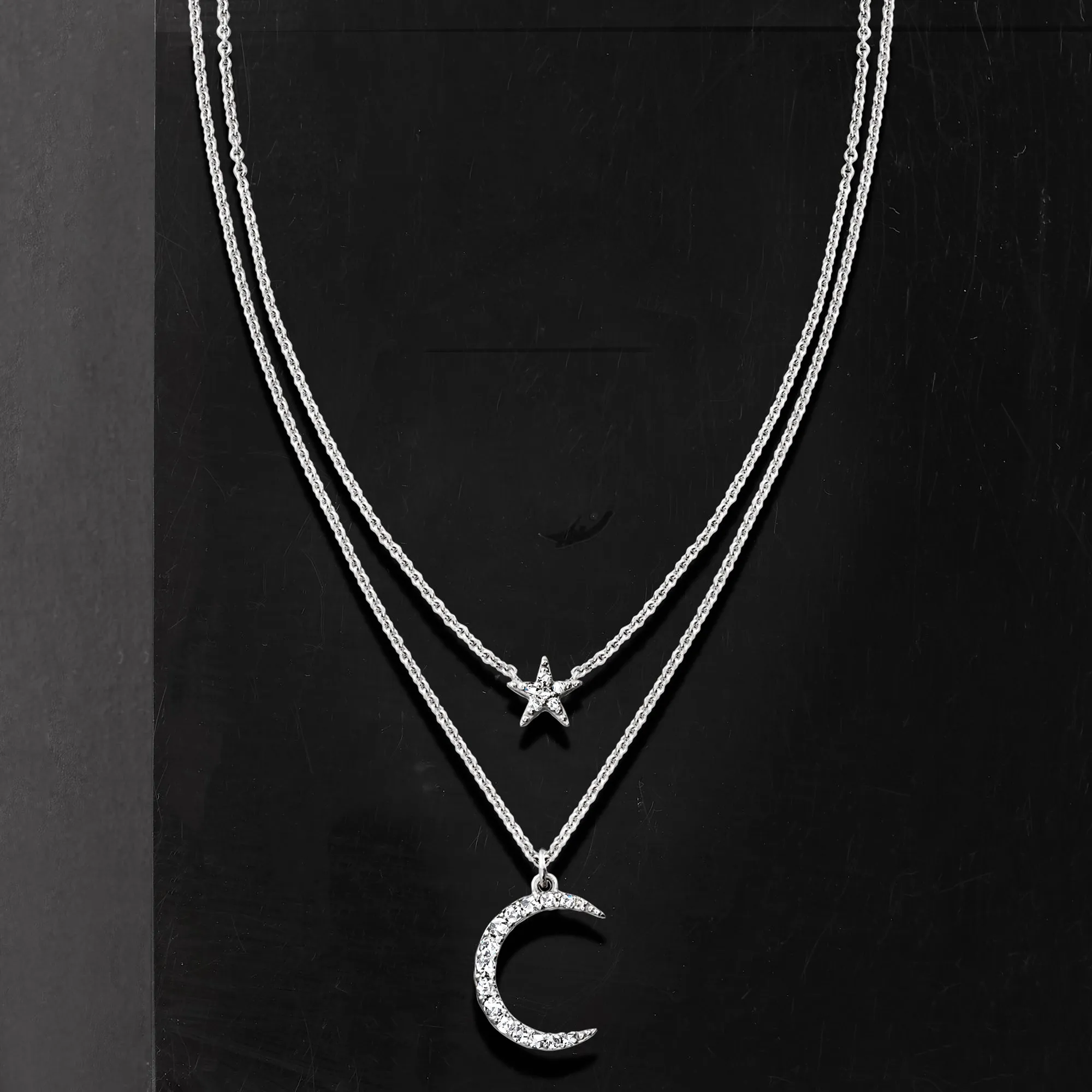 Ross-Simons Diamond Star and Moon Layered Necklace in Sterling Silver