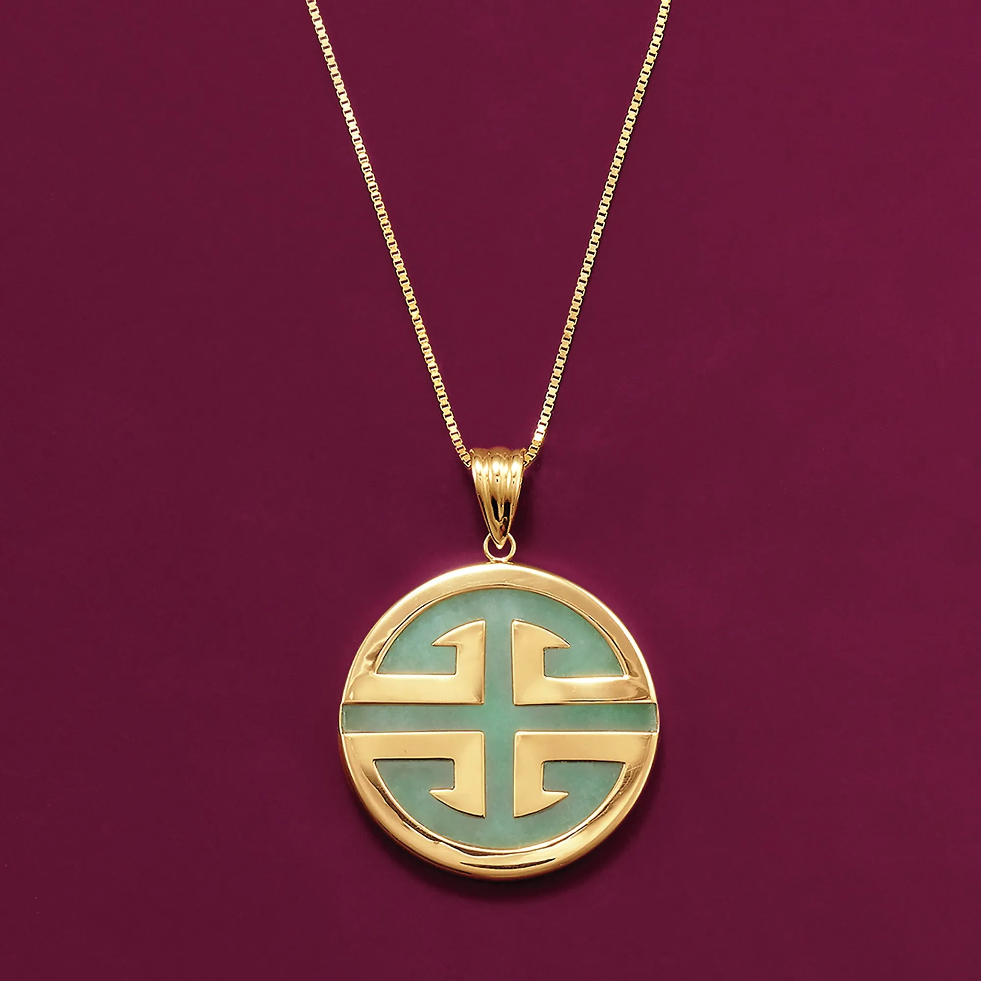 Ross-Simons Green Jadeite Jade "Longevity" Chinese Symbol Circle Pendant in 14kt Gold
