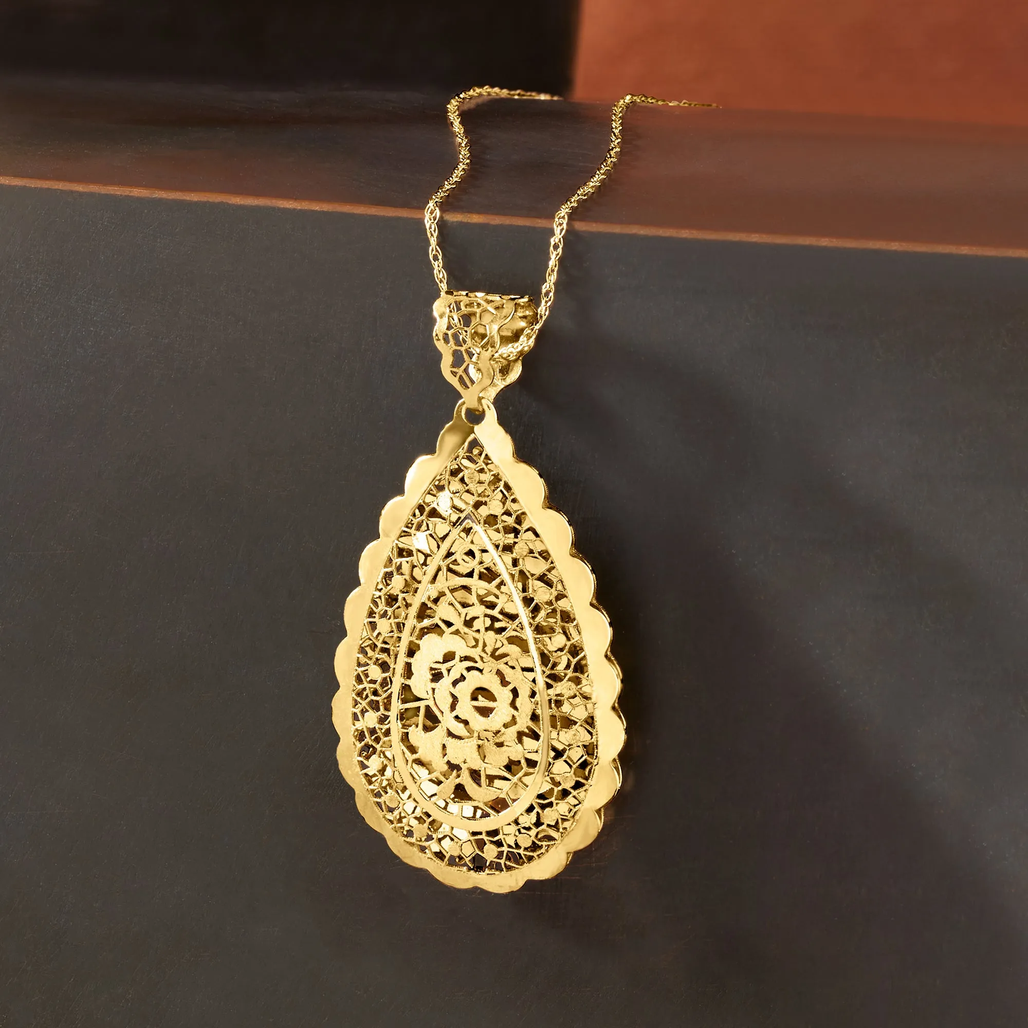 Ross-Simons Italian 14kt Yellow Gold Satin and Polished Floral Lace Teardrop Pendant