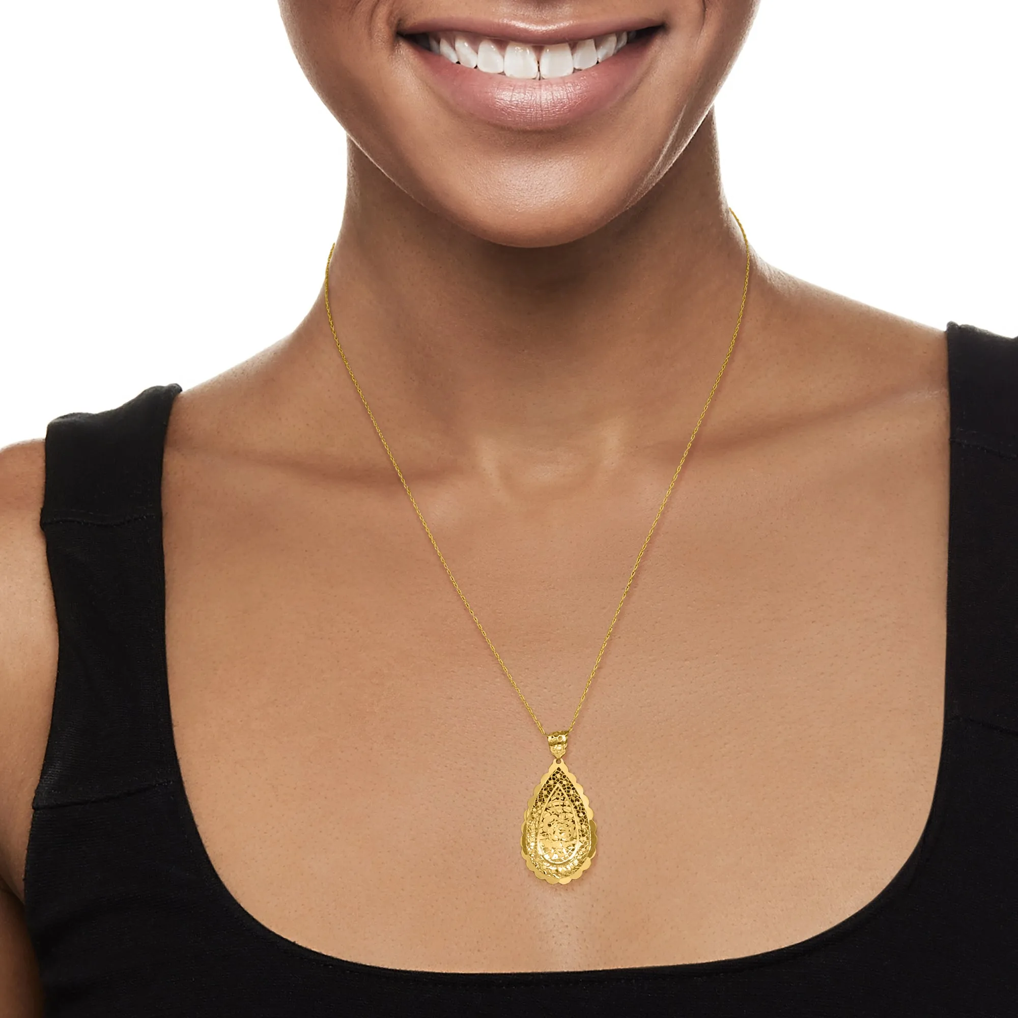 Ross-Simons Italian 14kt Yellow Gold Satin and Polished Floral Lace Teardrop Pendant