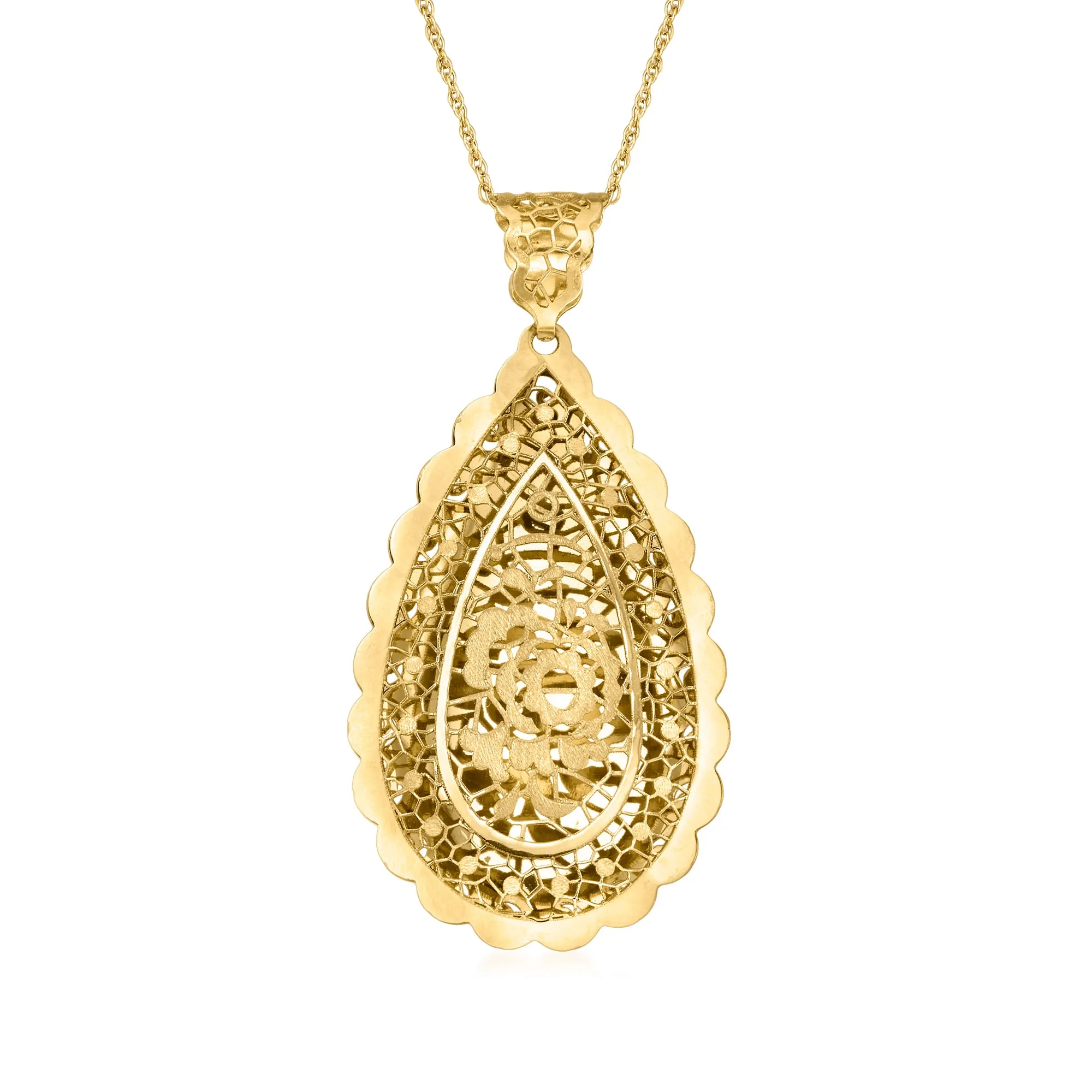 Ross-Simons Italian 14kt Yellow Gold Satin and Polished Floral Lace Teardrop Pendant