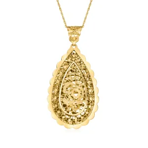 Ross-Simons Italian 14kt Yellow Gold Satin and Polished Floral Lace Teardrop Pendant