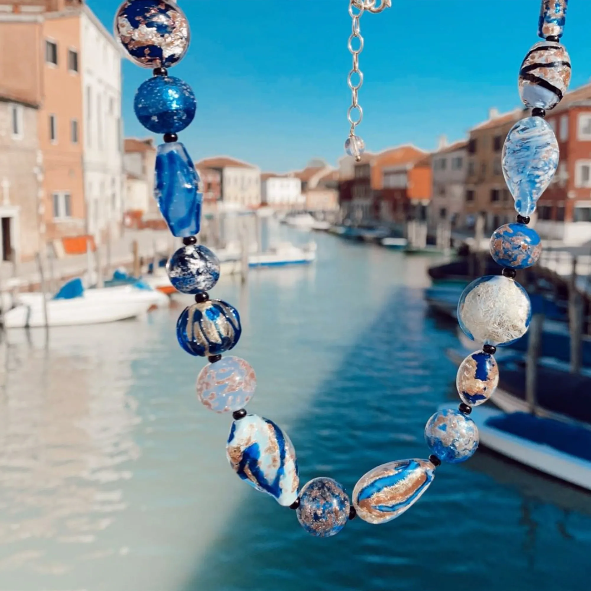 Ross-Simons Italian Blue Murano Glass Bead Necklace in 18kt Gold Over Sterling