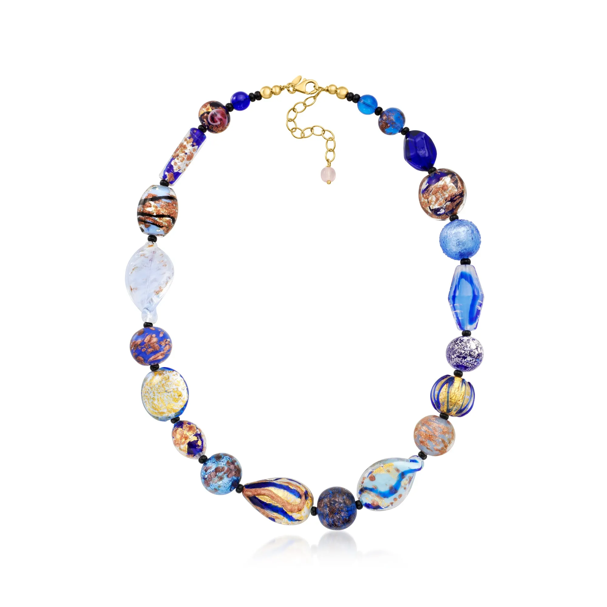 Ross-Simons Italian Blue Murano Glass Bead Necklace in 18kt Gold Over Sterling