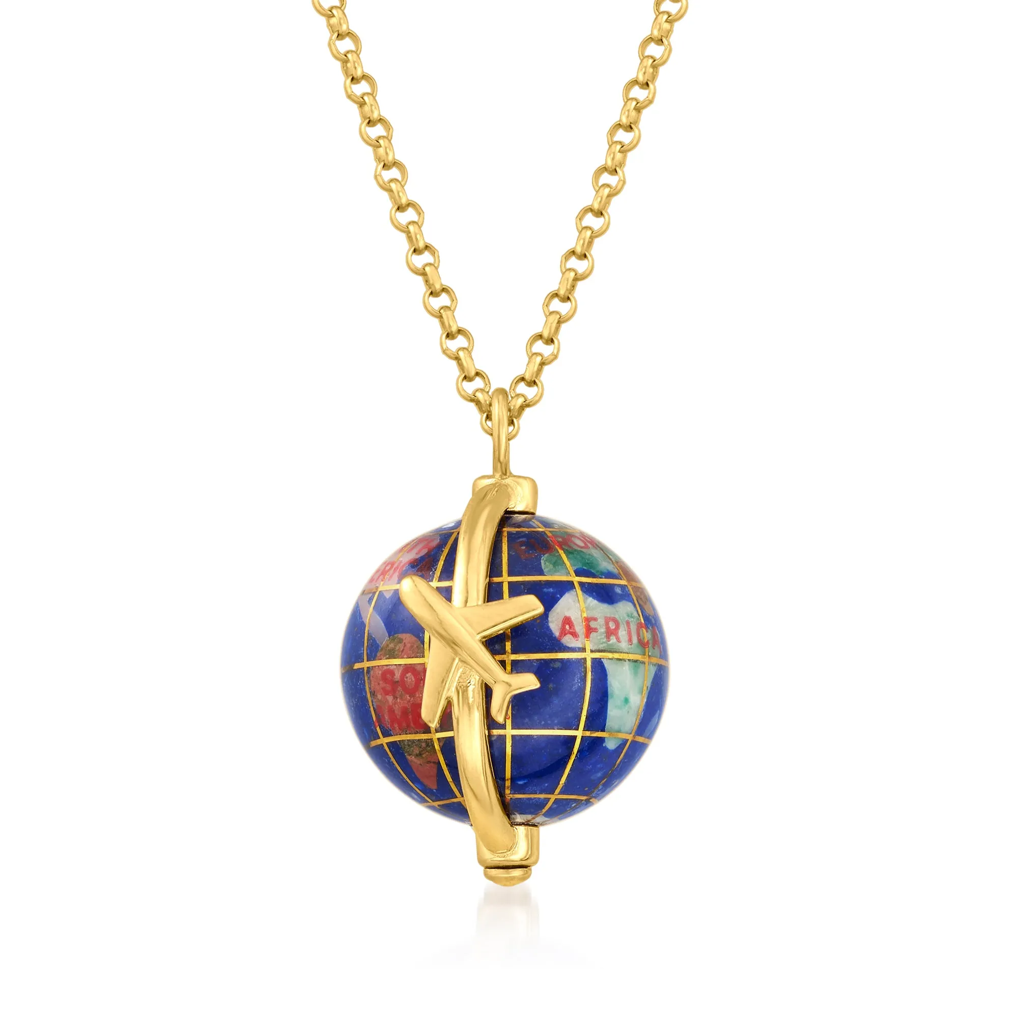 Ross-Simons Italian Multi-Gemstone World Travel Globe Pendant Necklace in 18kt Gold Over Sterling