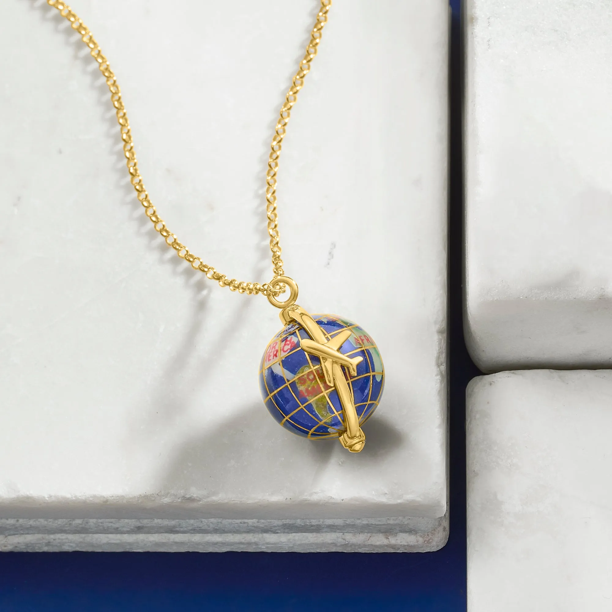 Ross-Simons Italian Multi-Gemstone World Travel Globe Pendant Necklace in 18kt Gold Over Sterling