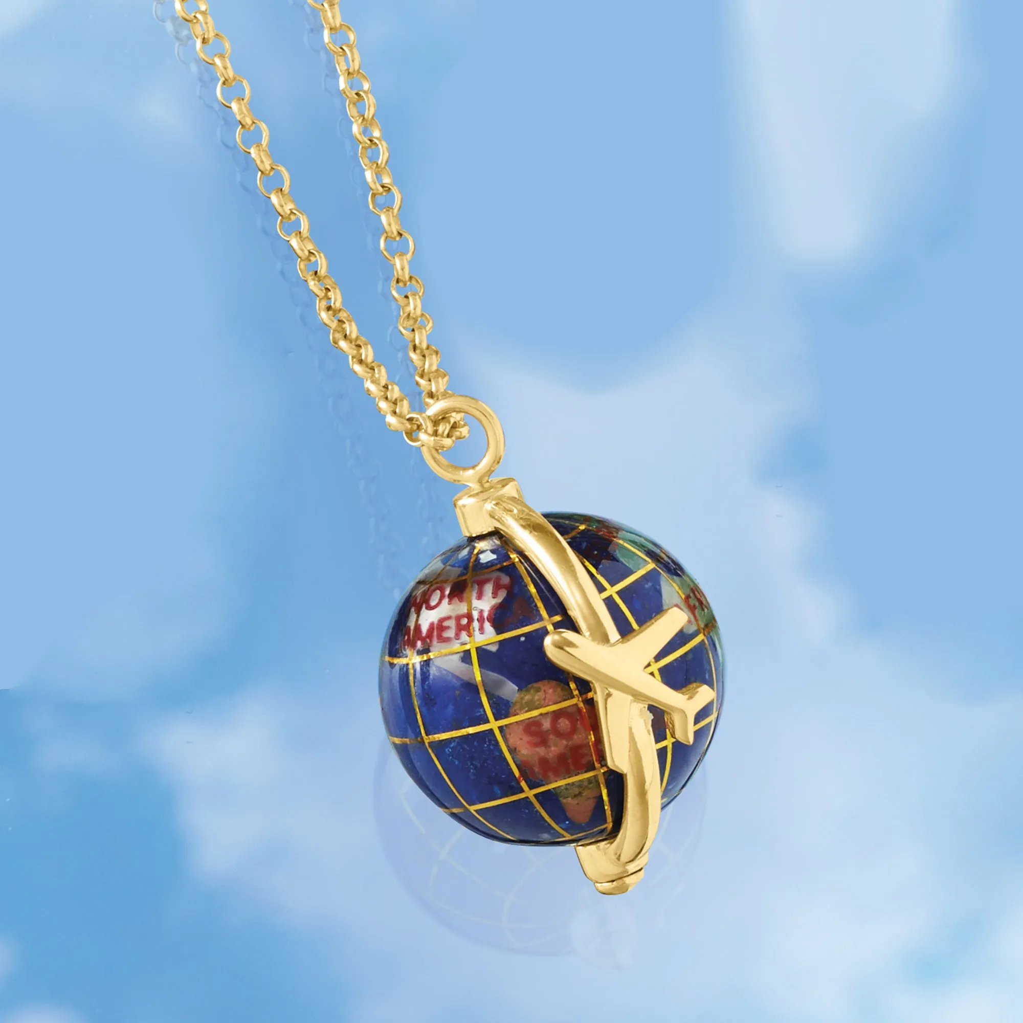 Ross-Simons Italian Multi-Gemstone World Travel Globe Pendant Necklace in 18kt Gold Over Sterling