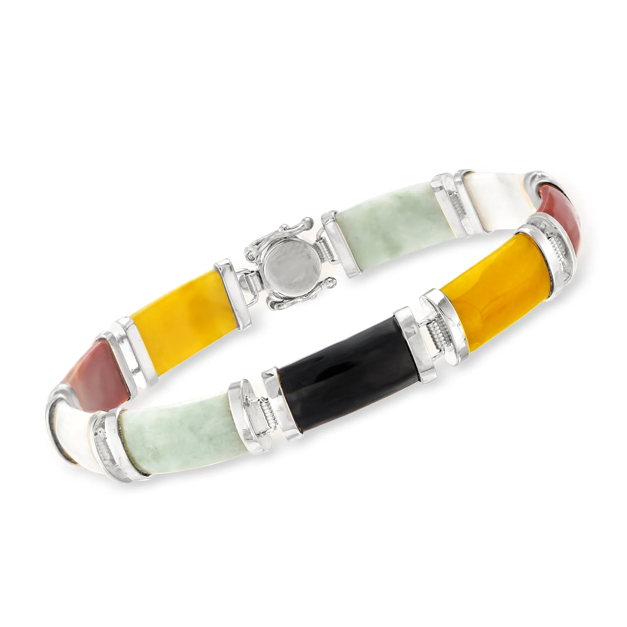 Ross-Simons Multicolored Jade "Good Fortune" Bracelet in Sterling Silver