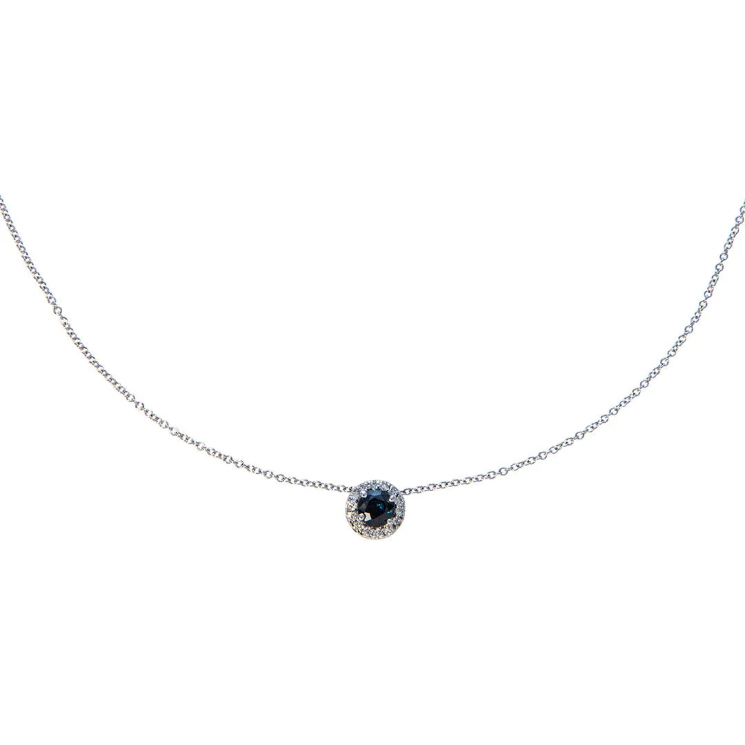 Round Sapphire & Diamond Halo 18K White Gold Pendant Necklace Croghans
