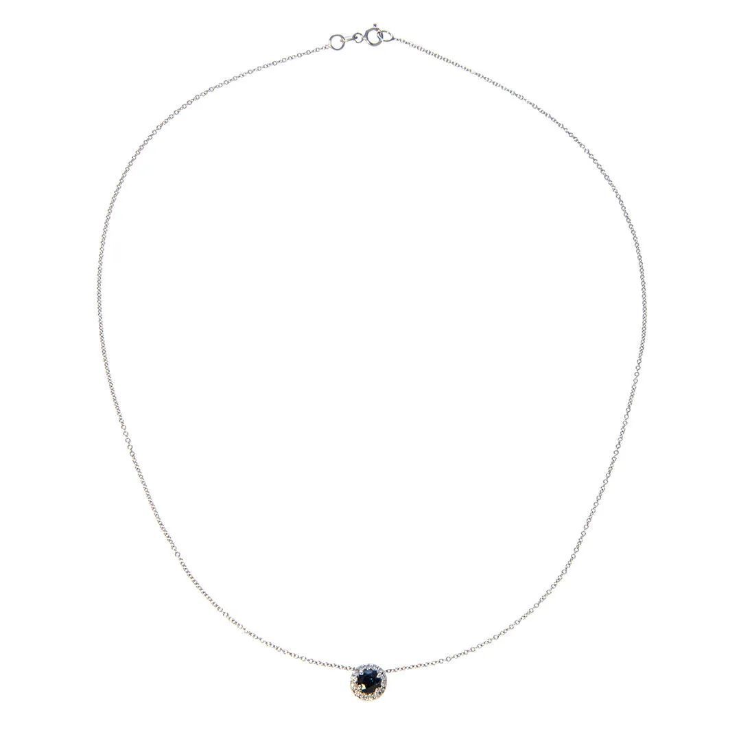 Round Sapphire & Diamond Halo 18K White Gold Pendant Necklace Croghans