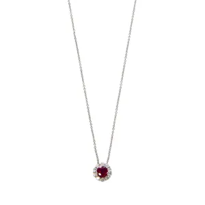Ruby & Diamond Halo 18K White Gold Pendant Necklace Croghans