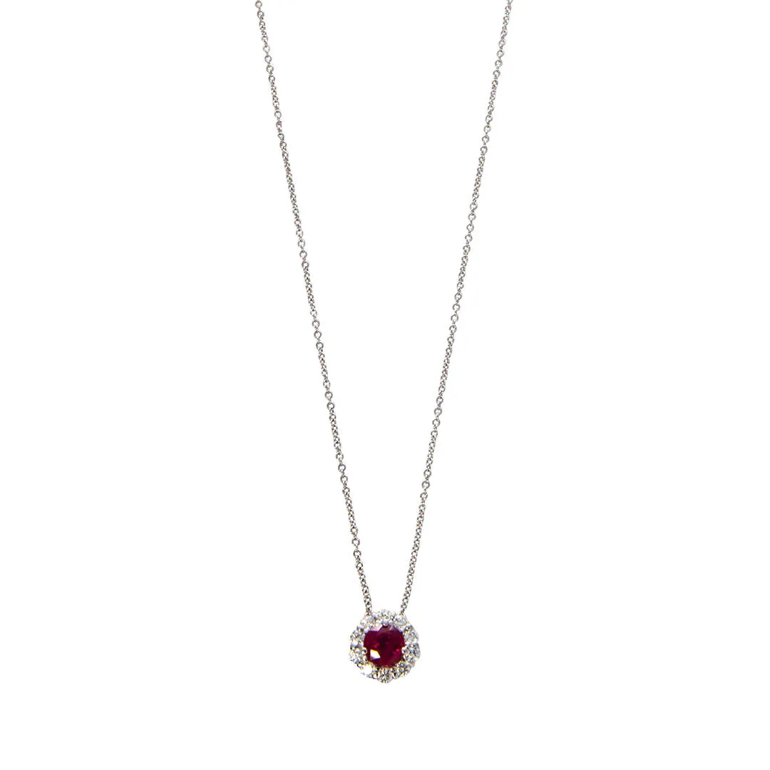 Ruby & Diamond Halo 18K White Gold Pendant Necklace Croghans