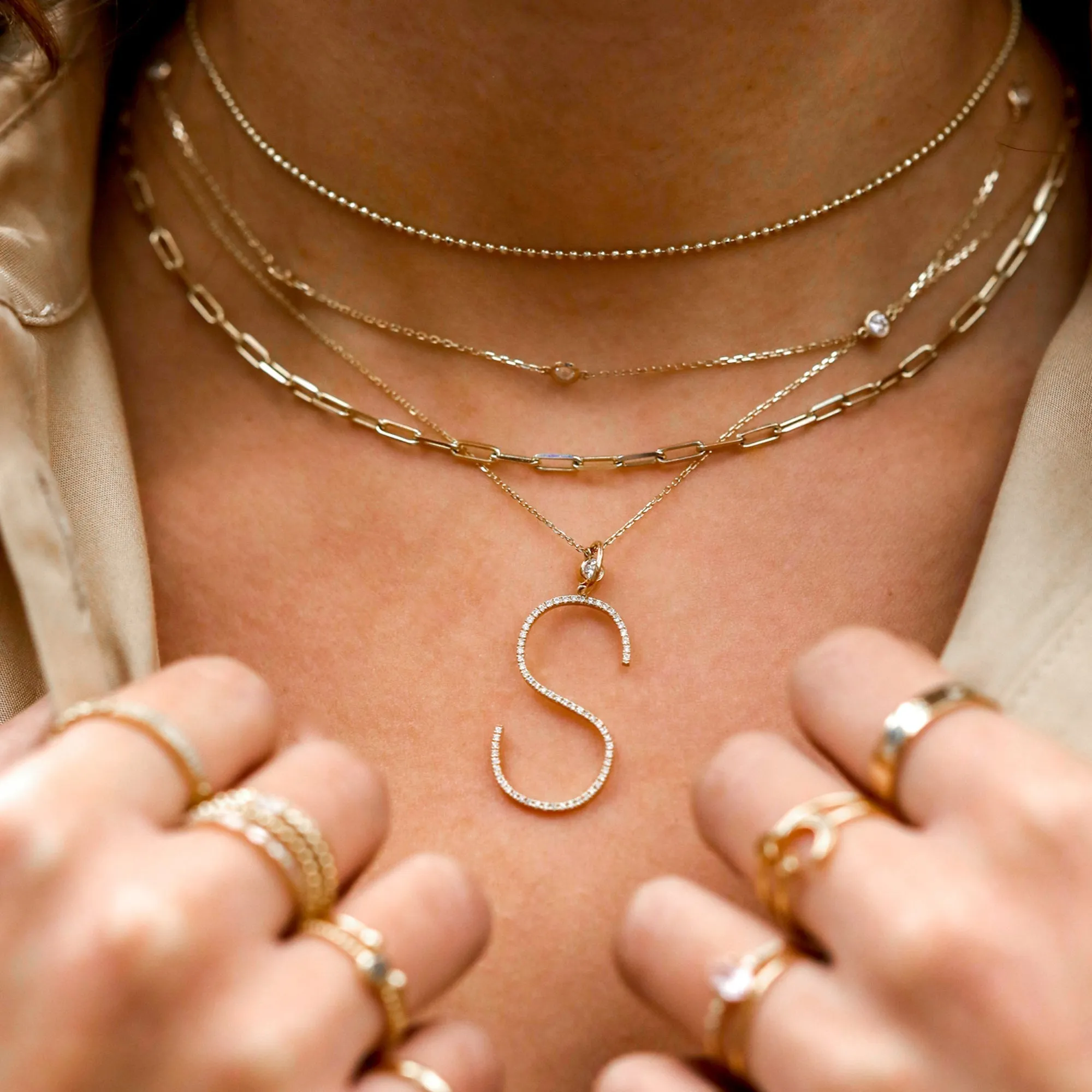 Solid Gold Beaded Chain Necklace, Selena SARAHELISE