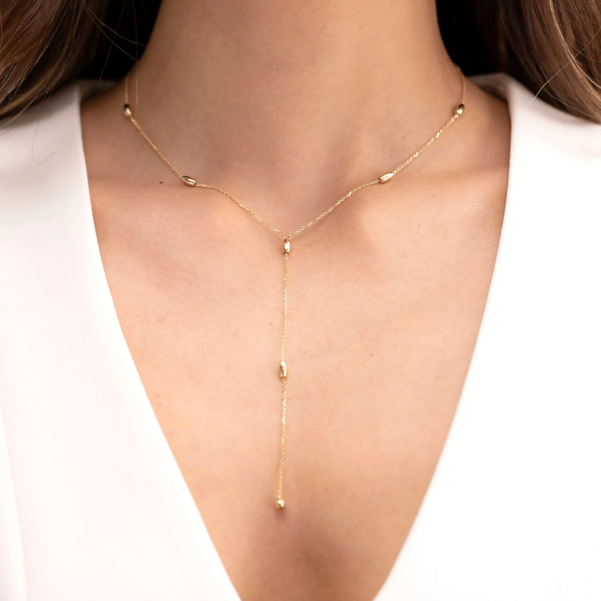 Solid Gold Beaded Lariat Necklace, Lyla SARAHELISE