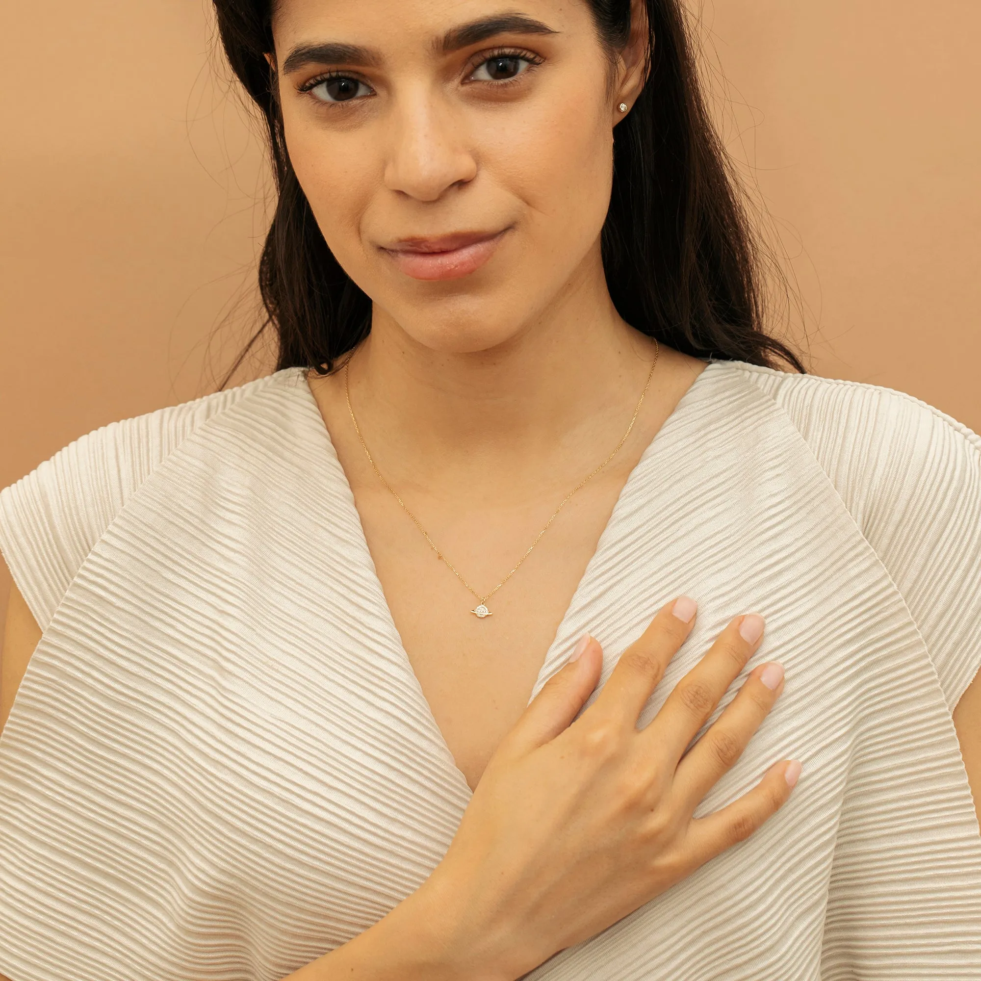 Solid Gold Natural Diamond Saturn Pendant Necklace, Michelle SARAHELISE