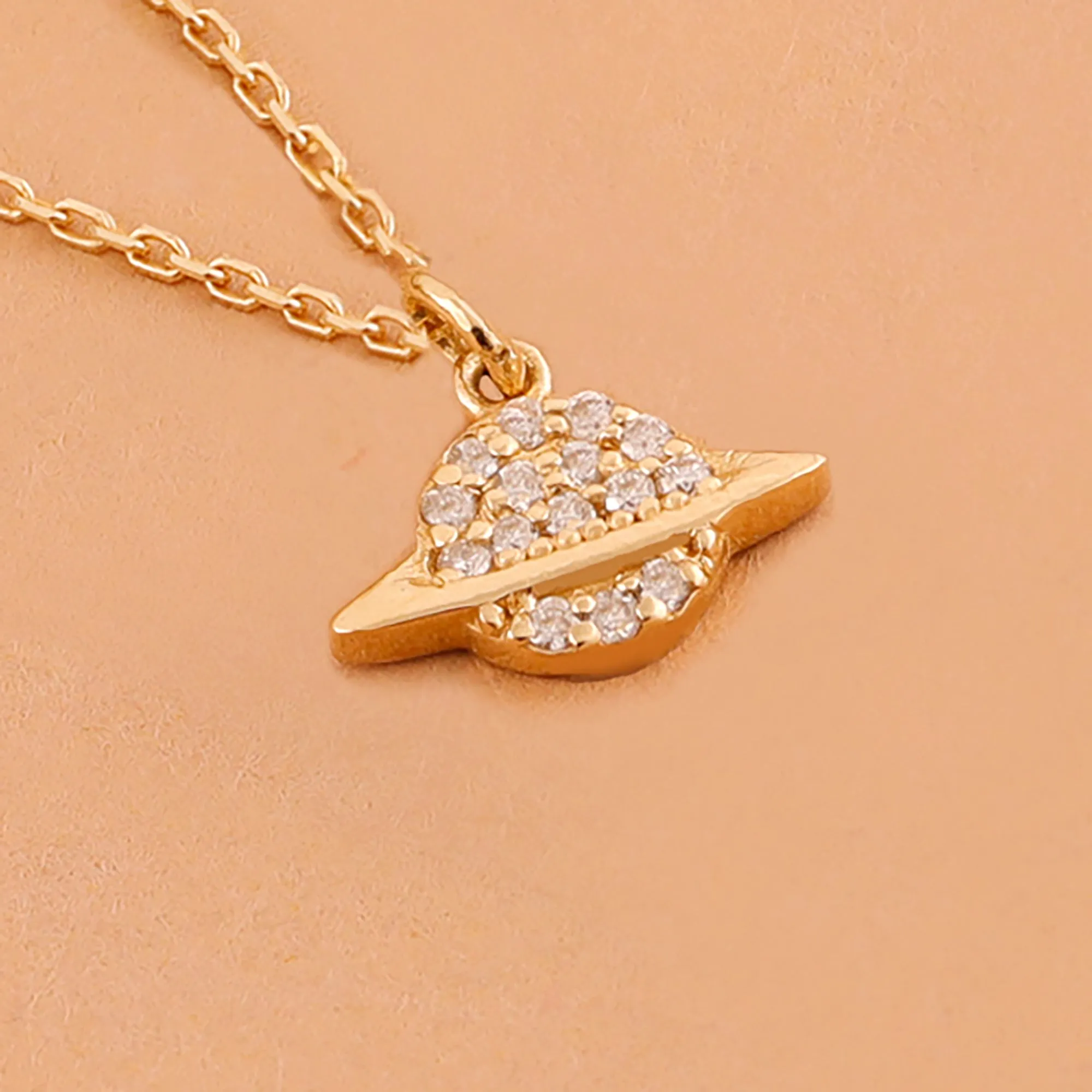 Solid Gold Natural Diamond Saturn Pendant Necklace, Michelle SARAHELISE