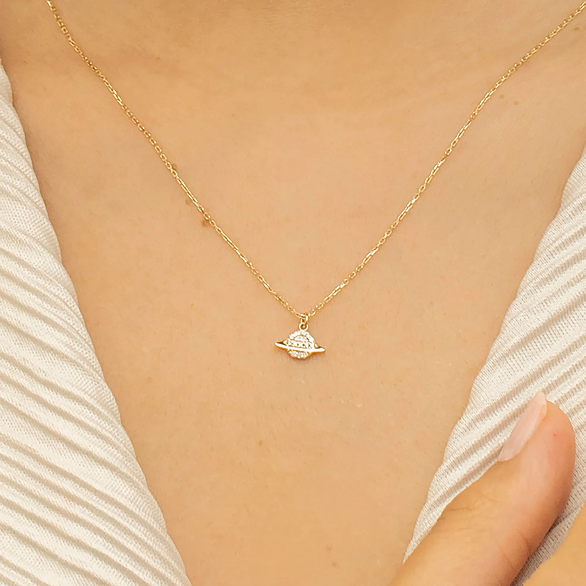 Solid Gold Natural Diamond Saturn Pendant Necklace, Michelle SARAHELISE