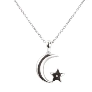 Sterling Silver 1 Diamond Moon and Star Pendant on 45cm Silver Chain Shiels