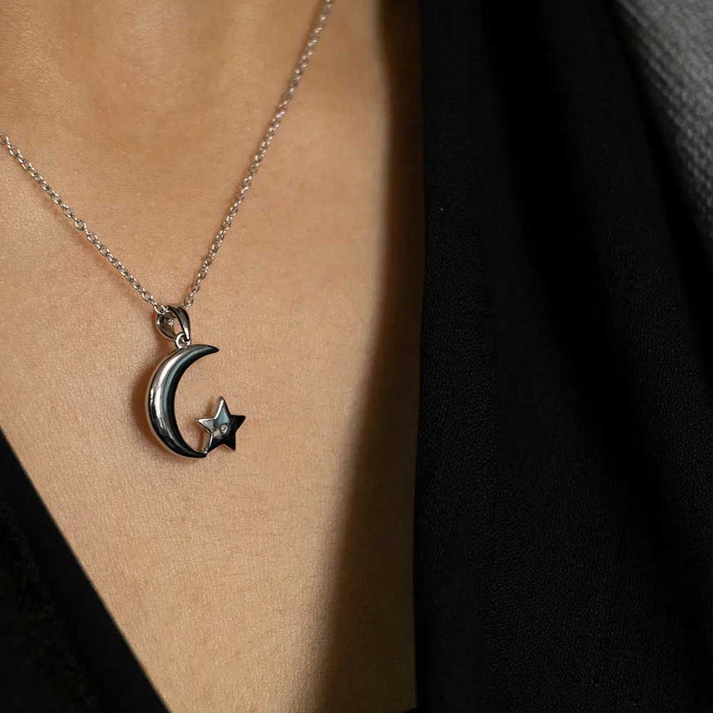 Sterling Silver 1 Diamond Moon and Star Pendant on 45cm Silver Chain Shiels