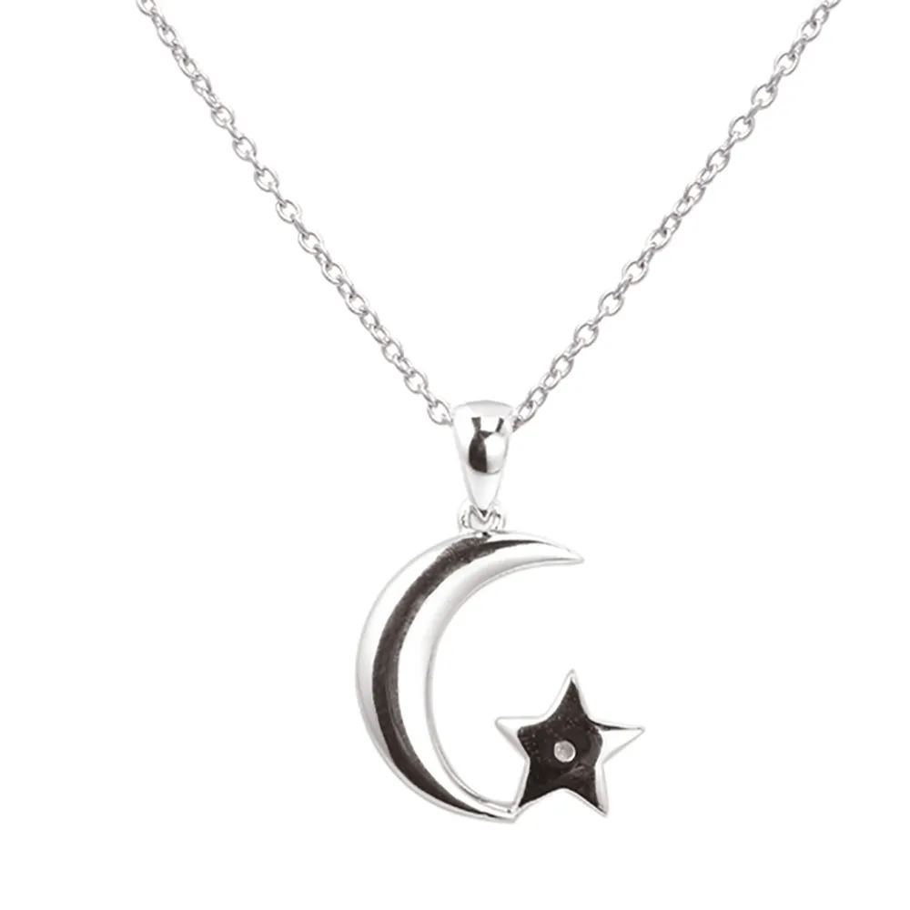 Sterling Silver 1 Diamond Moon and Star Pendant on 45cm Silver Chain Shiels