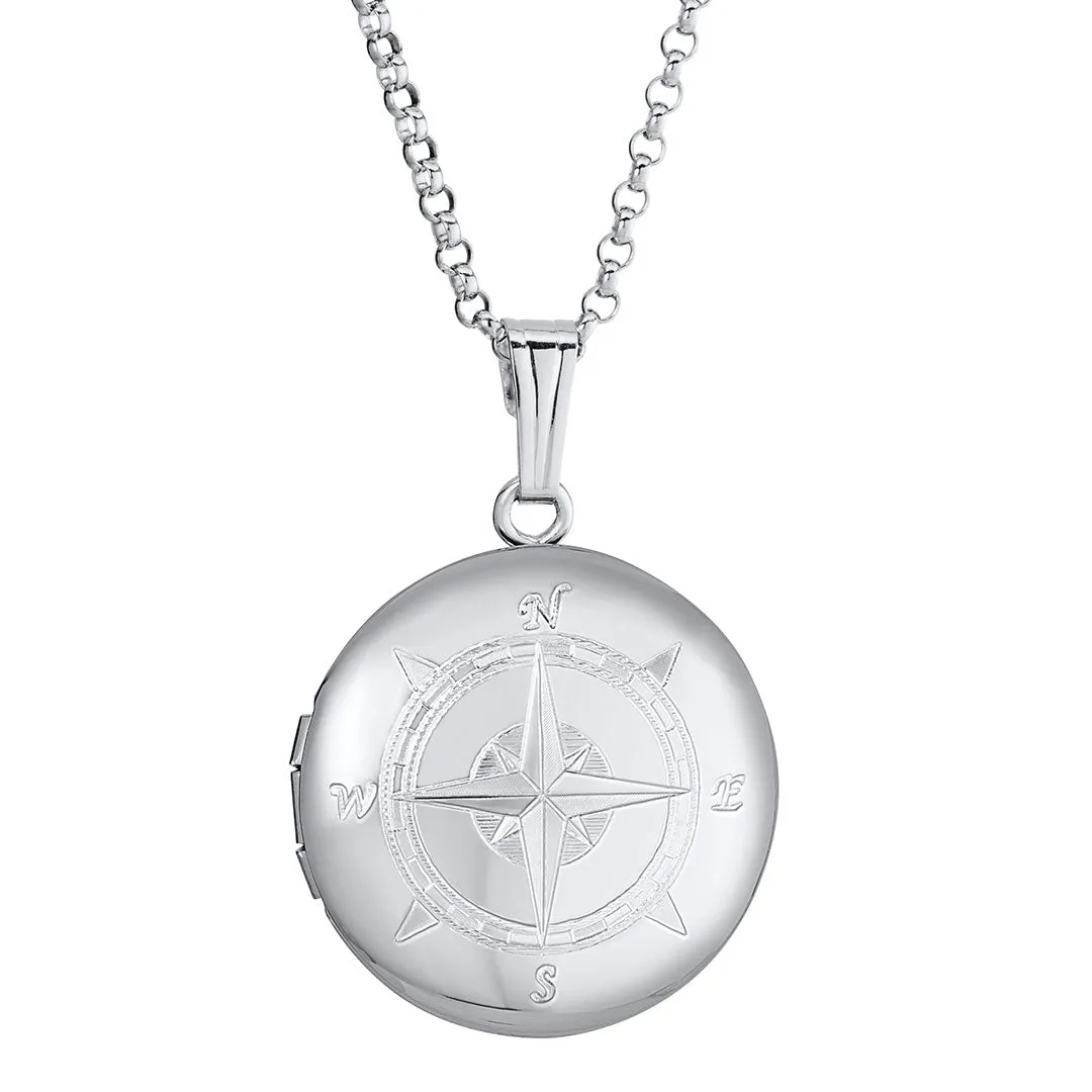 Sterling Silver 19mm Round Compass Locket Necklace Croghans
