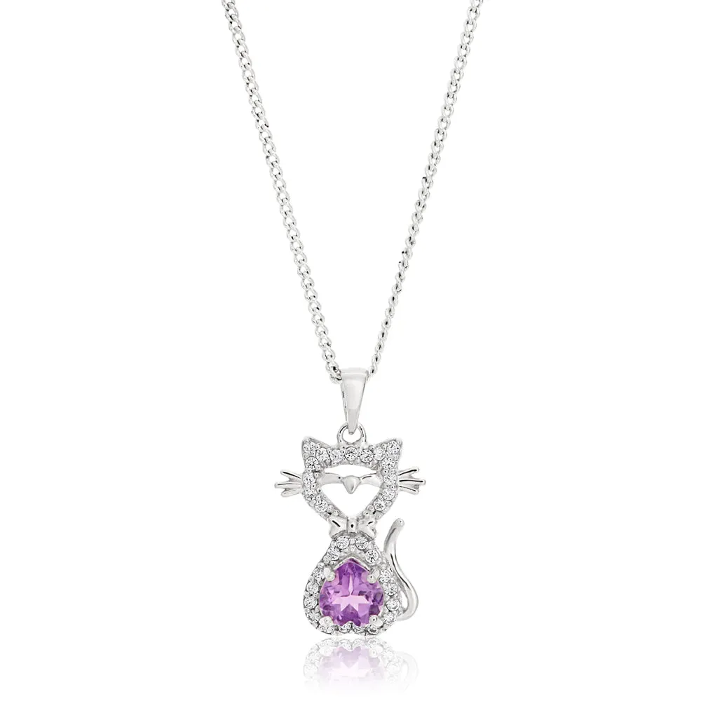 Sterling Silver Amethyst and Cubic Zirconia Cat Pendant Shiels