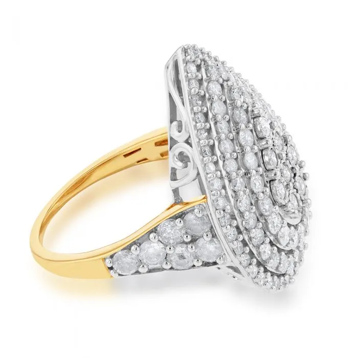 Sterling Silver and 9ct Yellow Gold 3 Carat Diamond Pear Shaped Cluster Ring Shiels