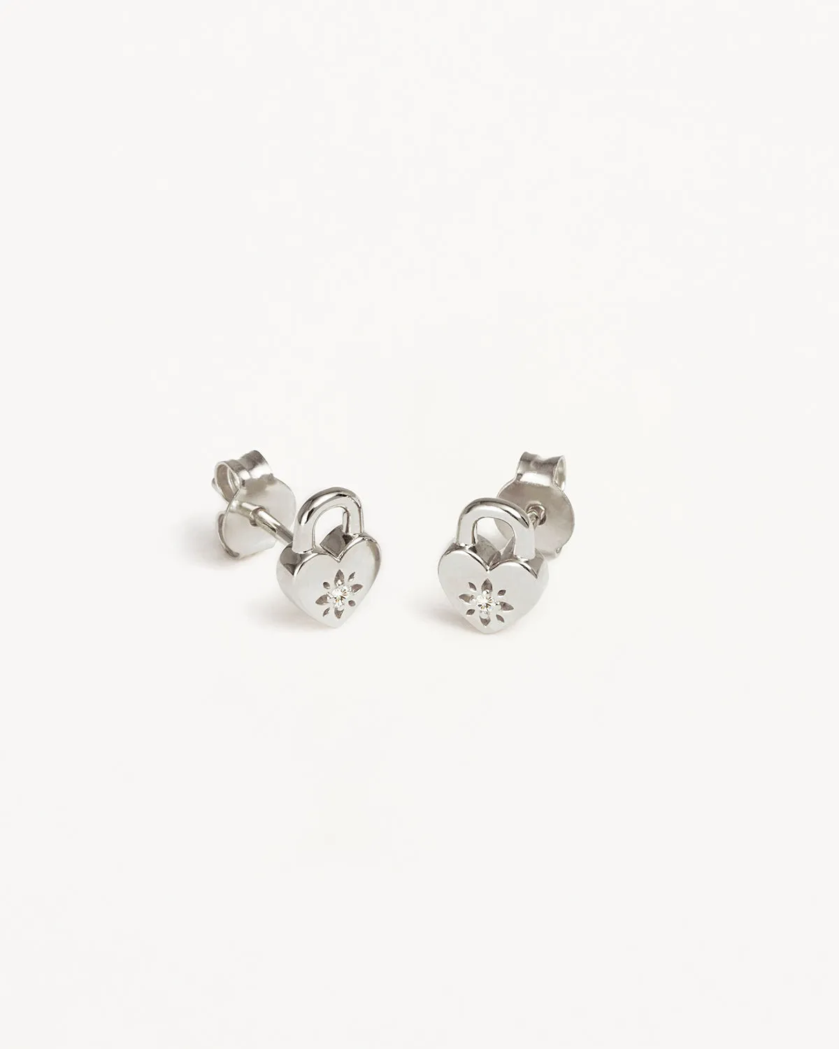 Sterling Silver Crystal Lotus Heart Padlock Stud Earrings Bycharlotte