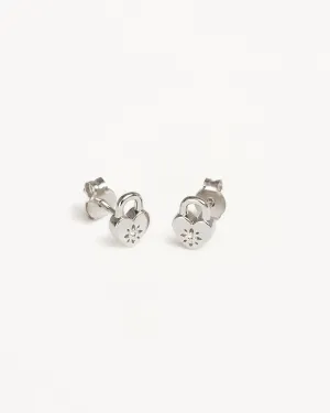 Sterling Silver Crystal Lotus Heart Padlock Stud Earrings Bycharlotte