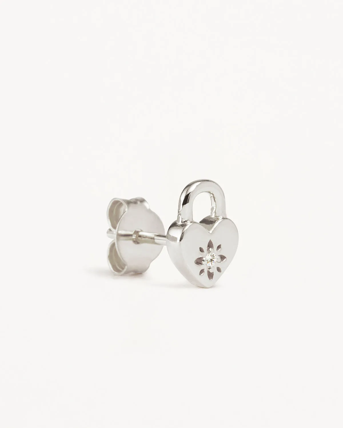 Sterling Silver Crystal Lotus Heart Padlock Stud Earrings Bycharlotte