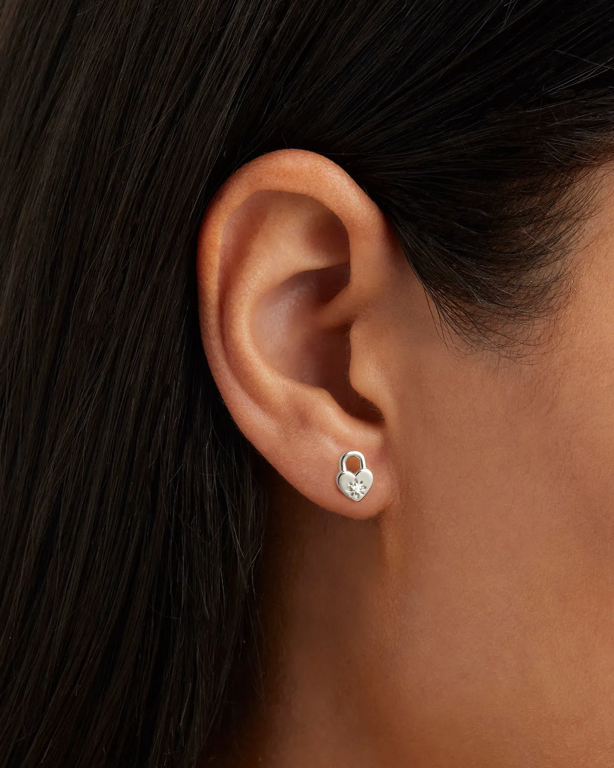 Sterling Silver Crystal Lotus Heart Padlock Stud Earrings Bycharlotte