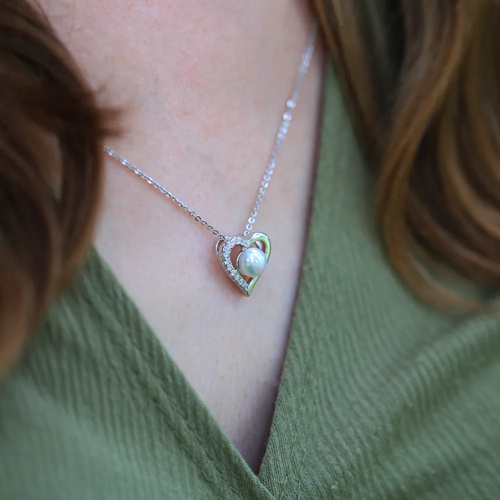 Sterling Silver Freshwater Pearl and Cubic Zirconia Heart Pendant Shiels