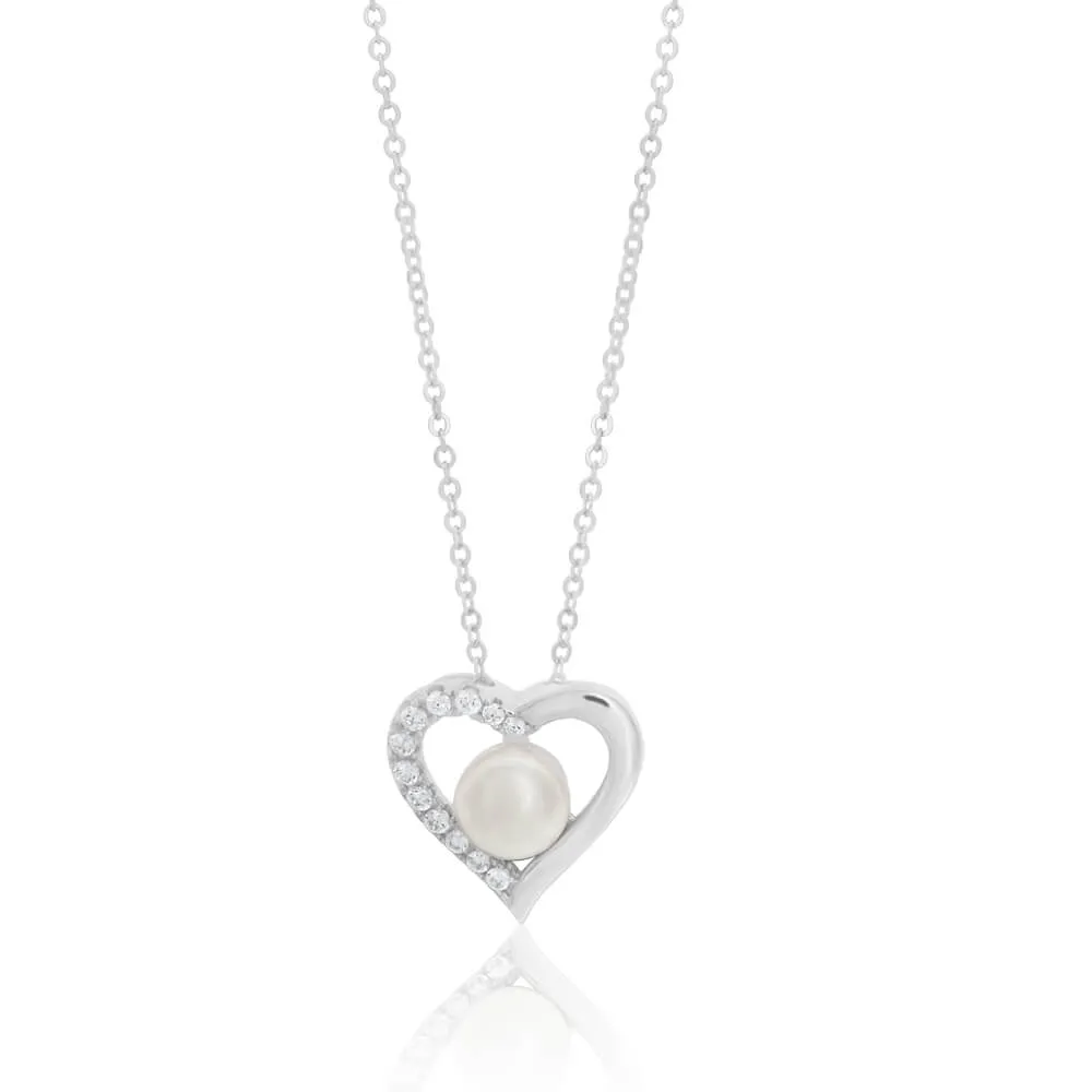 Sterling Silver Freshwater Pearl and Cubic Zirconia Heart Pendant Shiels