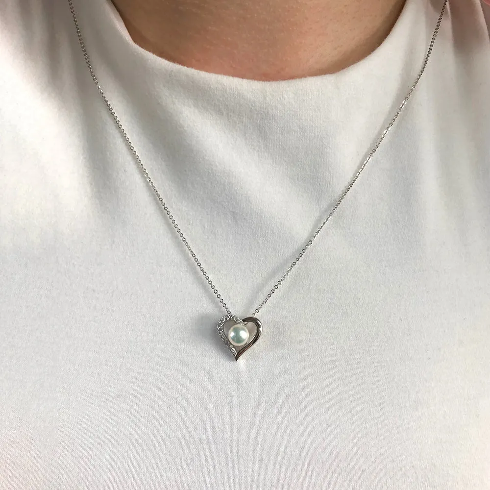 Sterling Silver Freshwater Pearl and Cubic Zirconia Heart Pendant Shiels